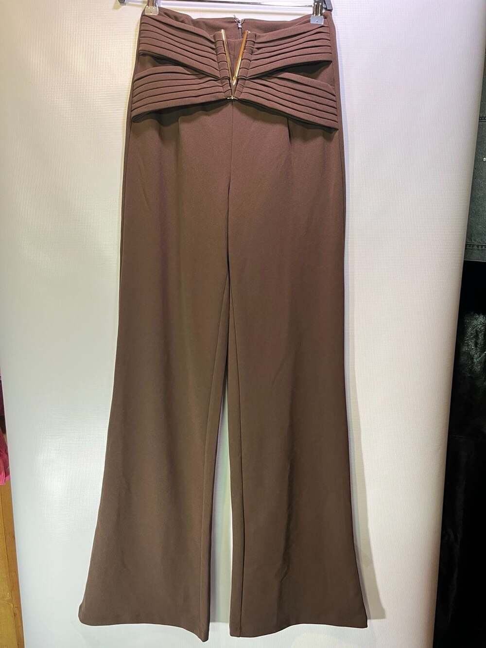 Valentine Brown Wide-Leg Pants with Ruched Waist and Gold Zipper Detail
